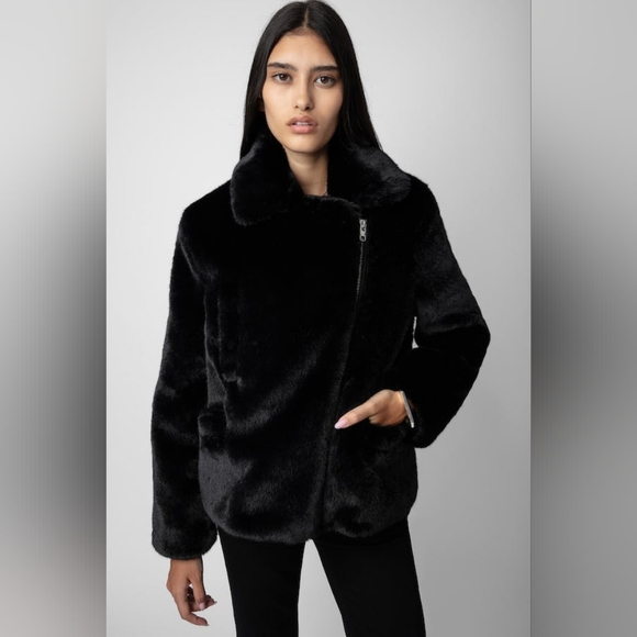 ZADIG & VOLTAIRE Freeze Faux Fur Coat Black/Green 3-Pocket Front Zip Close M/L - Picture 14 of 16
